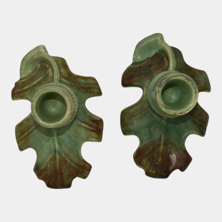 Weller Oak Leaf Before 1936 Art Pottery Green Brown Candle Holders - Just Art Pottery
