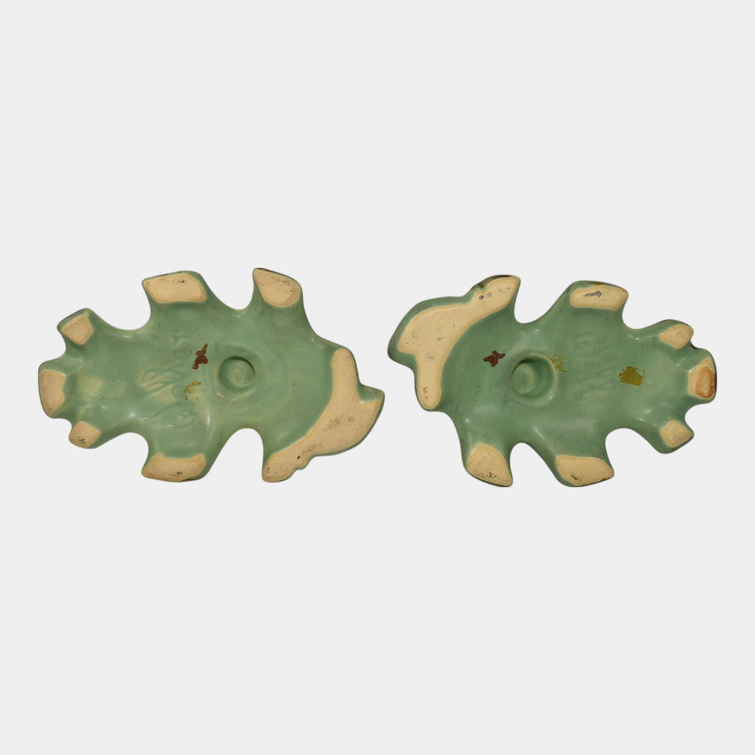 Weller Oak Leaf Before 1936 Art Pottery Green Brown Candle Holders - Just Art Pottery
