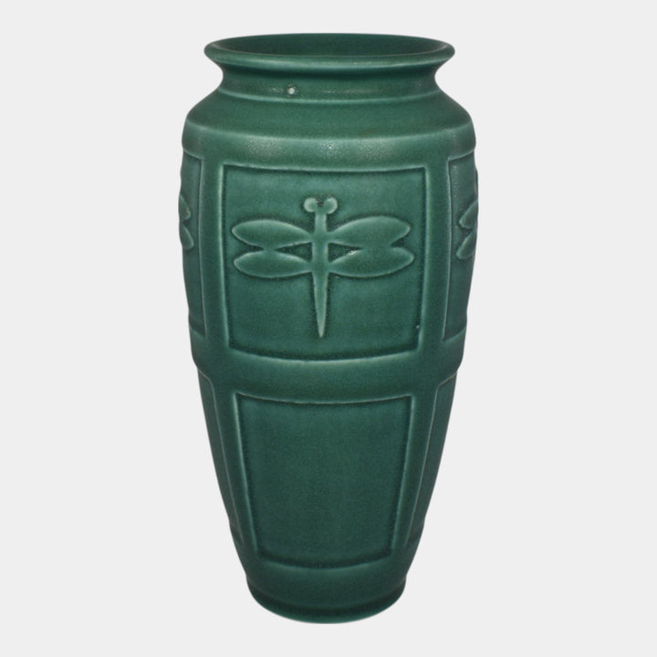 Nichibei Studio Art Pottery Green Paneled Dragonfly Ceramic Vase
