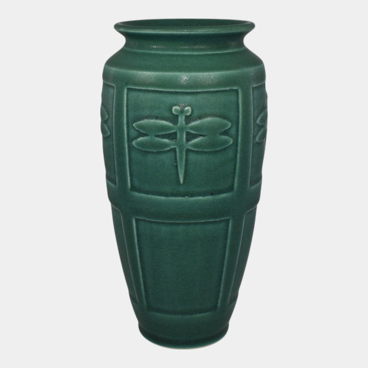 Nichibei Studio Art Pottery Green Paneled Dragonfly Ceramic Vase