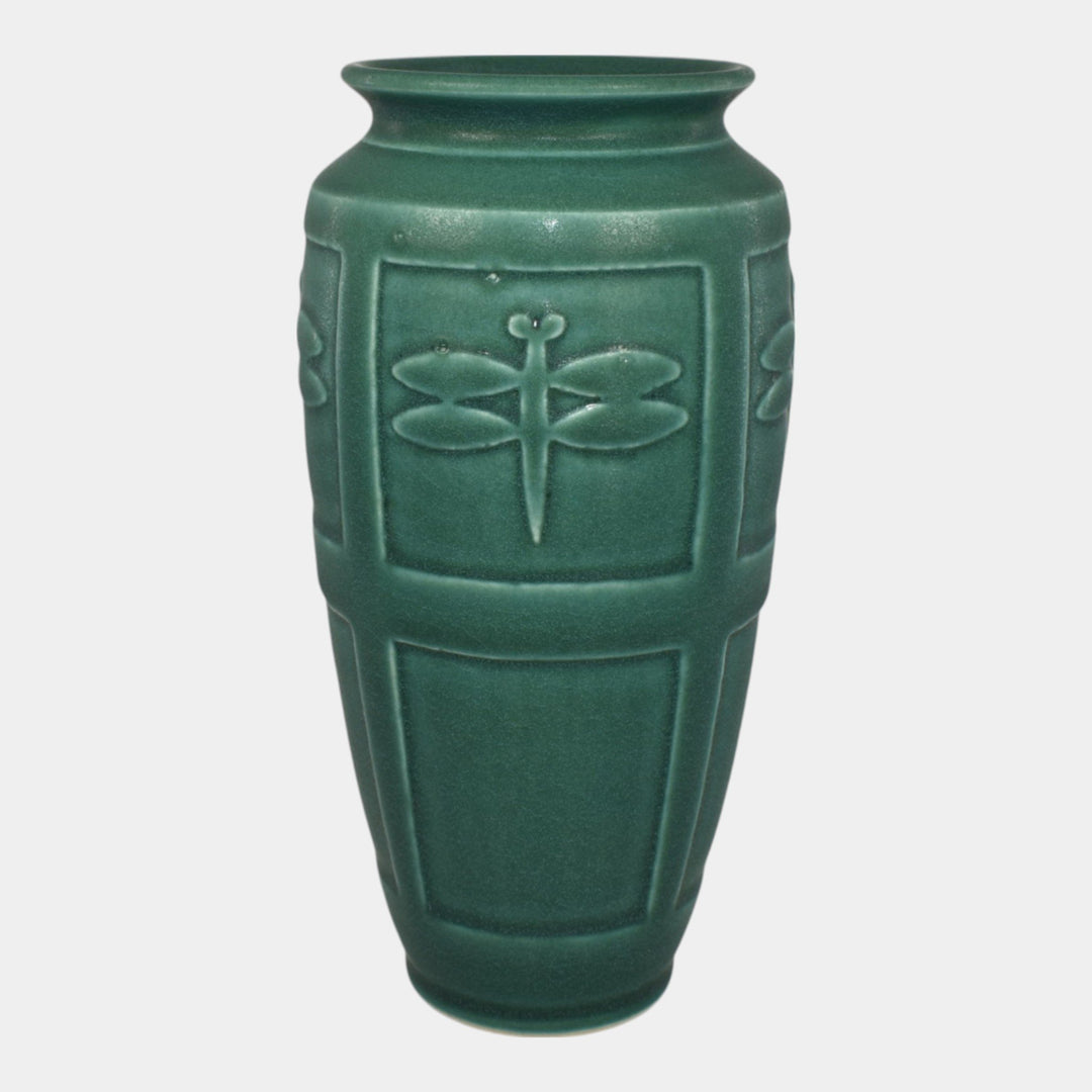 Nichibei Studio Art Pottery Green Paneled Dragonfly Ceramic Vase