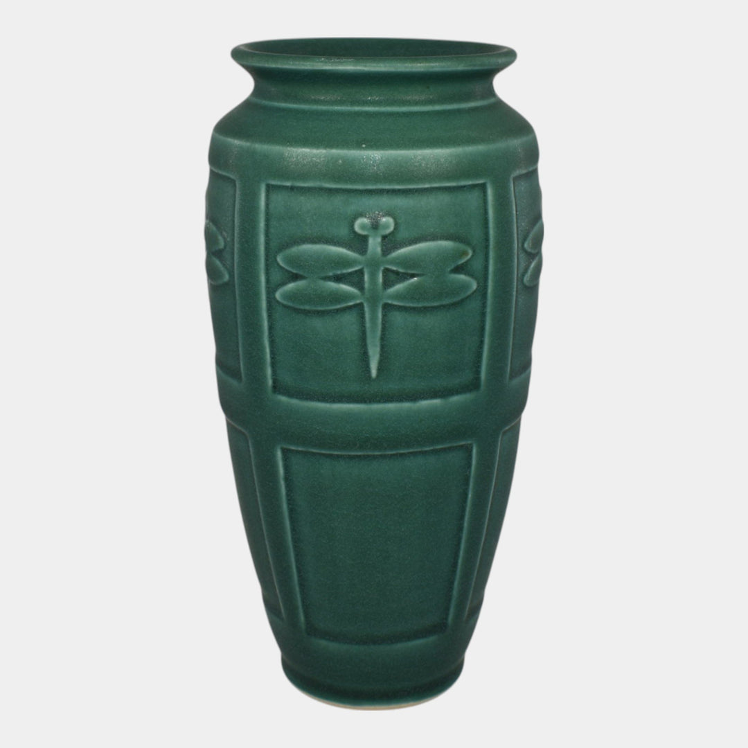 Nichibei Studio Art Pottery Green Paneled Dragonfly Ceramic Vase
