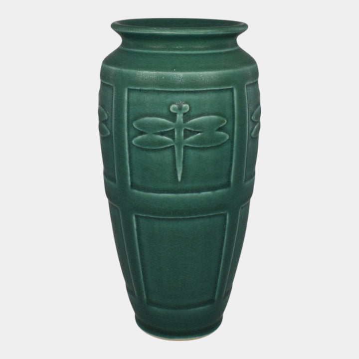 Nichibei Studio Art Pottery Green Paneled Dragonfly Ceramic Vase