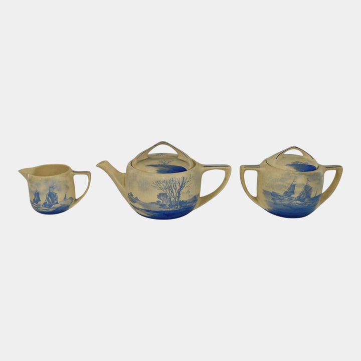 Roseville Creamware Dutch Art Pottery Teapot, Sugar Bowl, Creamer Tea Set