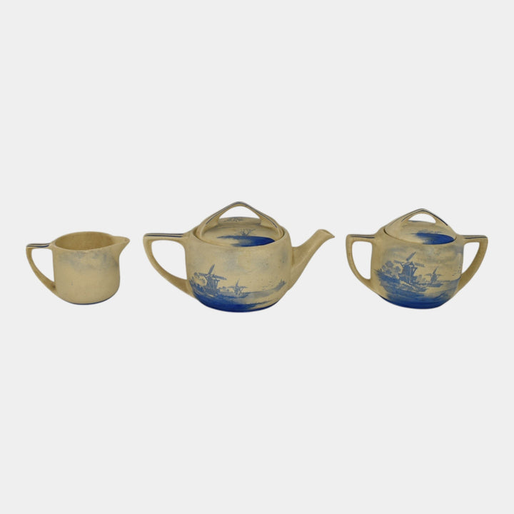 Roseville Creamware Dutch Art Pottery Teapot, Sugar Bowl, Creamer Tea Set