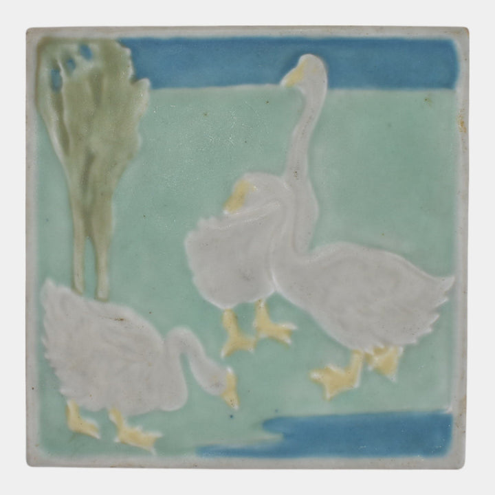 Rookwood 1925 Vintage Pottery White Geese Green Blue Ceramic Trivet Tile 3207
