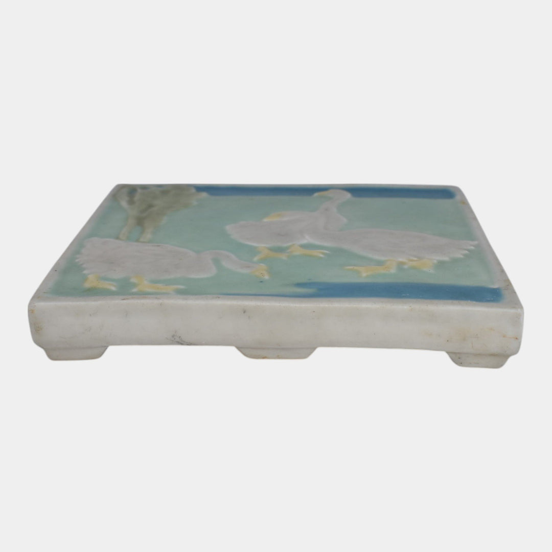 Rookwood 1925 Vintage Pottery White Geese Green Blue Ceramic Trivet Tile 3207