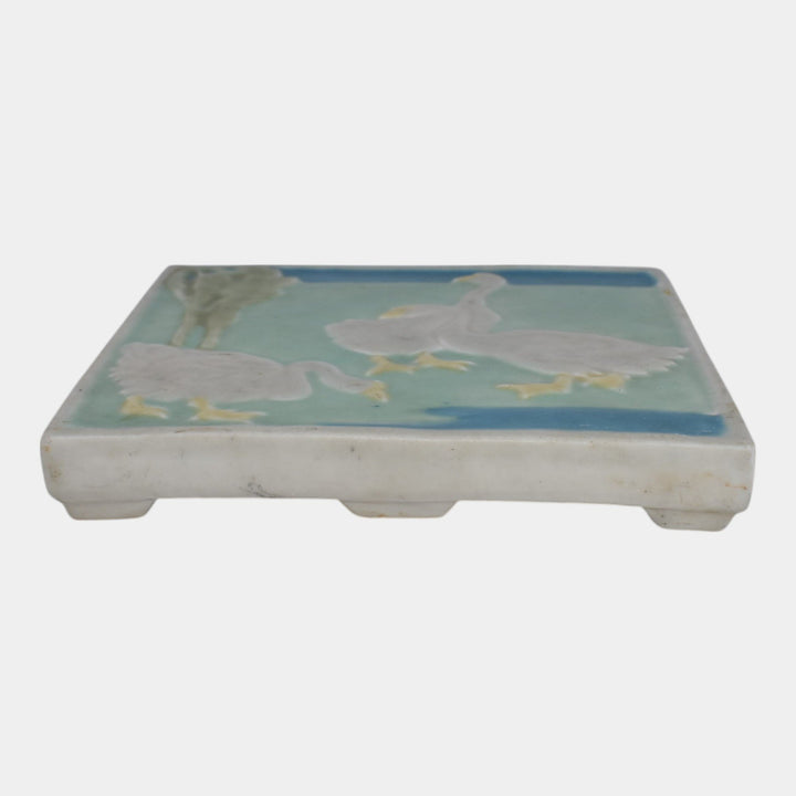 Rookwood 1925 Vintage Pottery White Geese Green Blue Ceramic Trivet Tile 3207