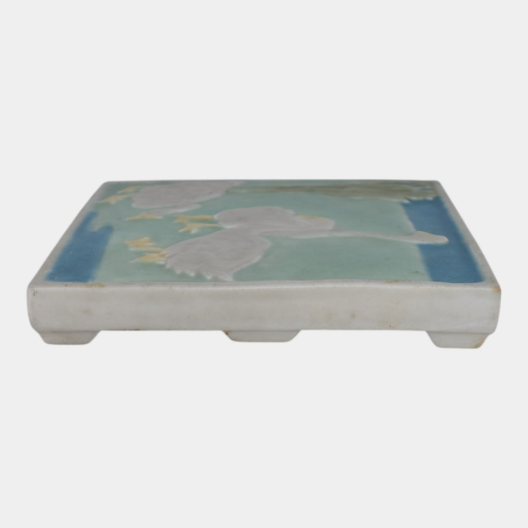 Rookwood 1925 Vintage Pottery White Geese Green Blue Ceramic Trivet Tile 3207
