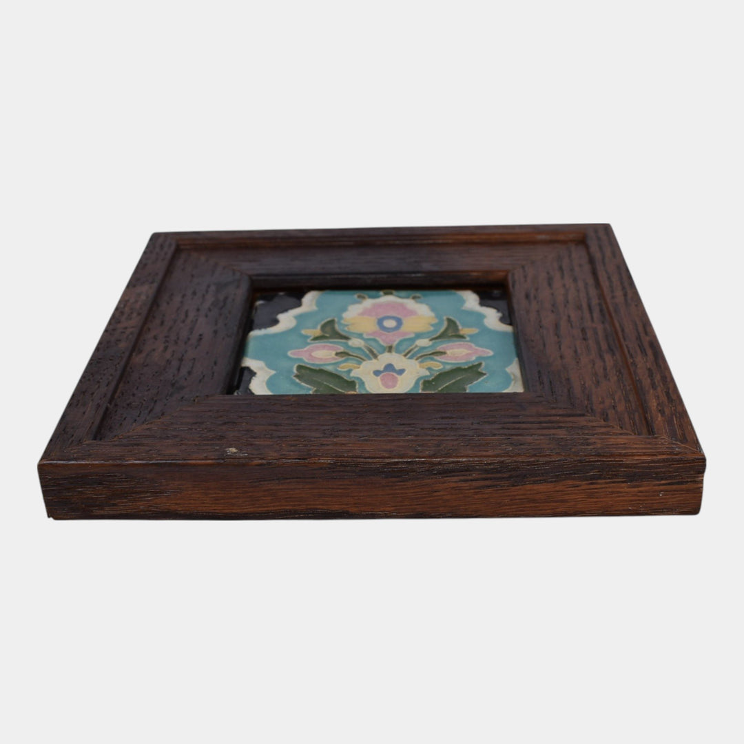 California Claycraft Vintage Art Pottery Turquoise Floral Framed Tile