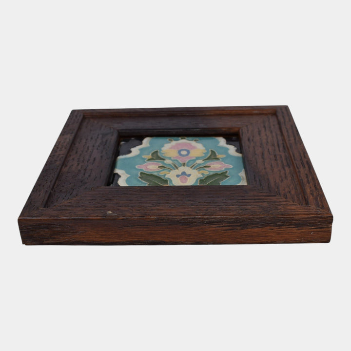 California Claycraft Vintage Art Pottery Turquoise Floral Framed Tile