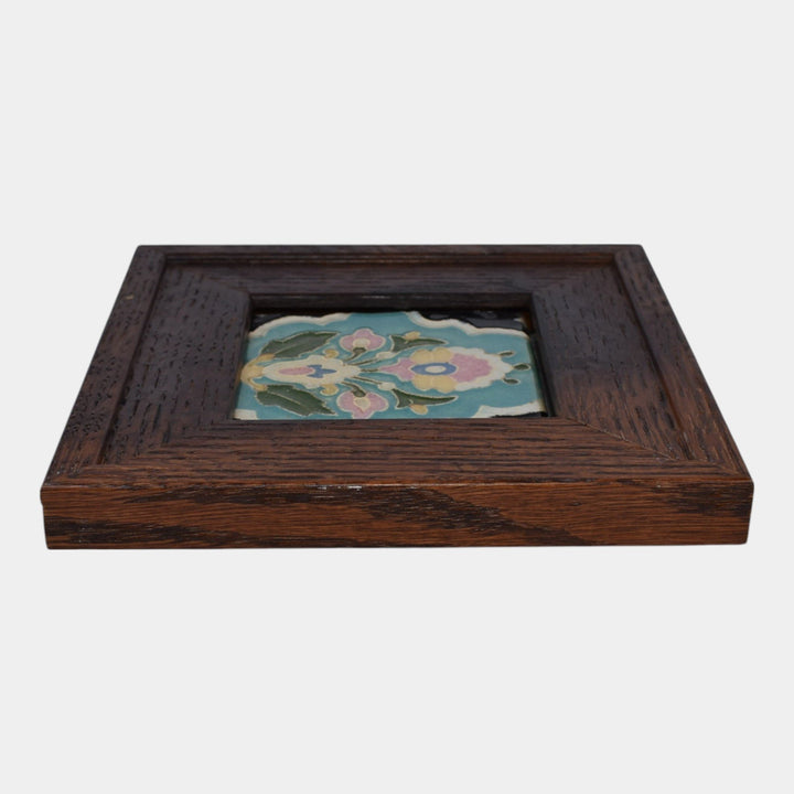 California Claycraft Vintage Art Pottery Turquoise Floral Framed Tile