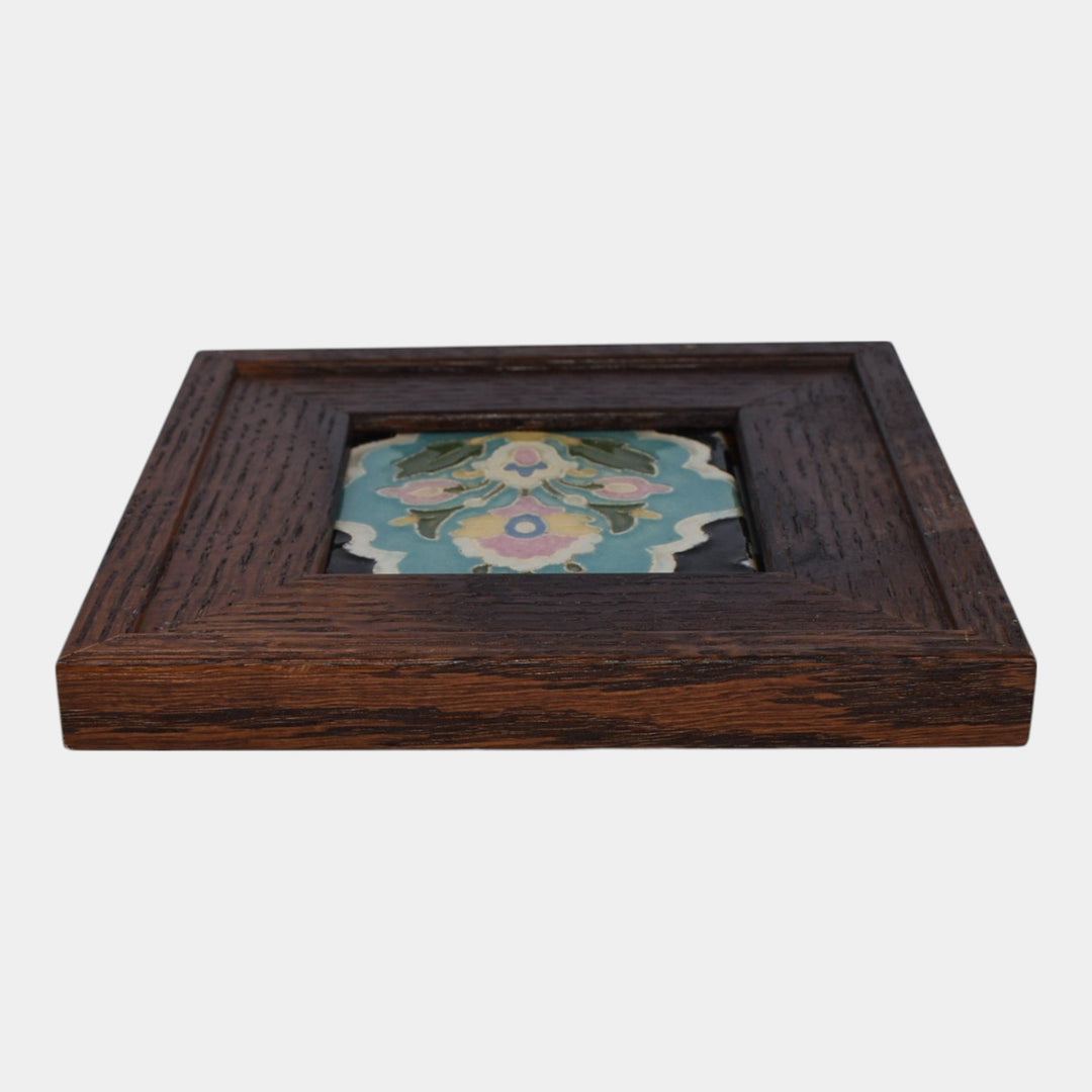 California Claycraft Vintage Art Pottery Turquoise Floral Framed Tile