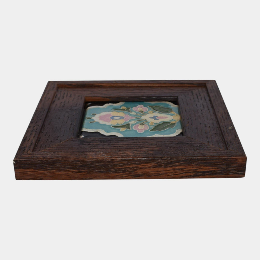 California Claycraft Vintage Art Pottery Turquoise Floral Framed Tile