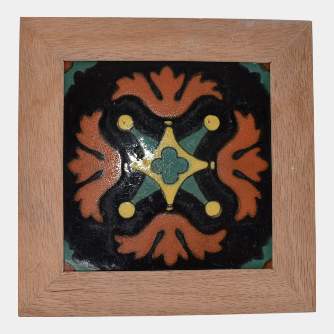 Taylor Tilery Vintage California Art Pottery Black Orange Floral Framed Tile
