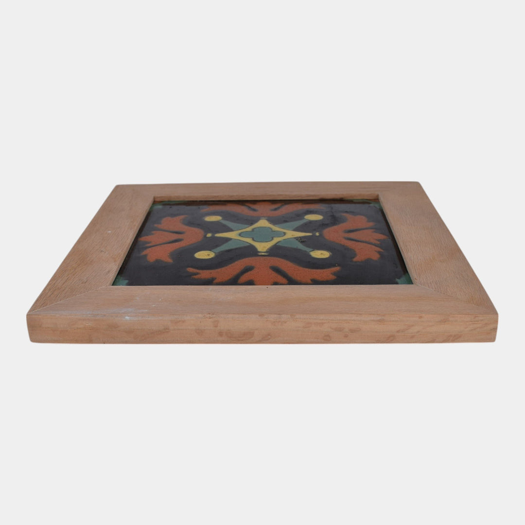 Taylor Tilery Vintage California Art Pottery Black Orange Floral Framed Tile