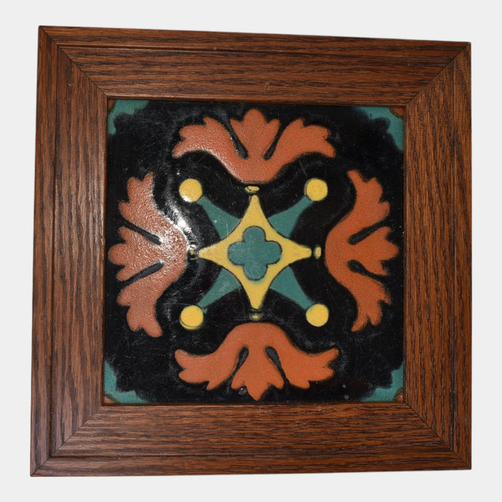 Taylor Tilery California Vintage Art Pottery Black Orange Floral Framed Tile