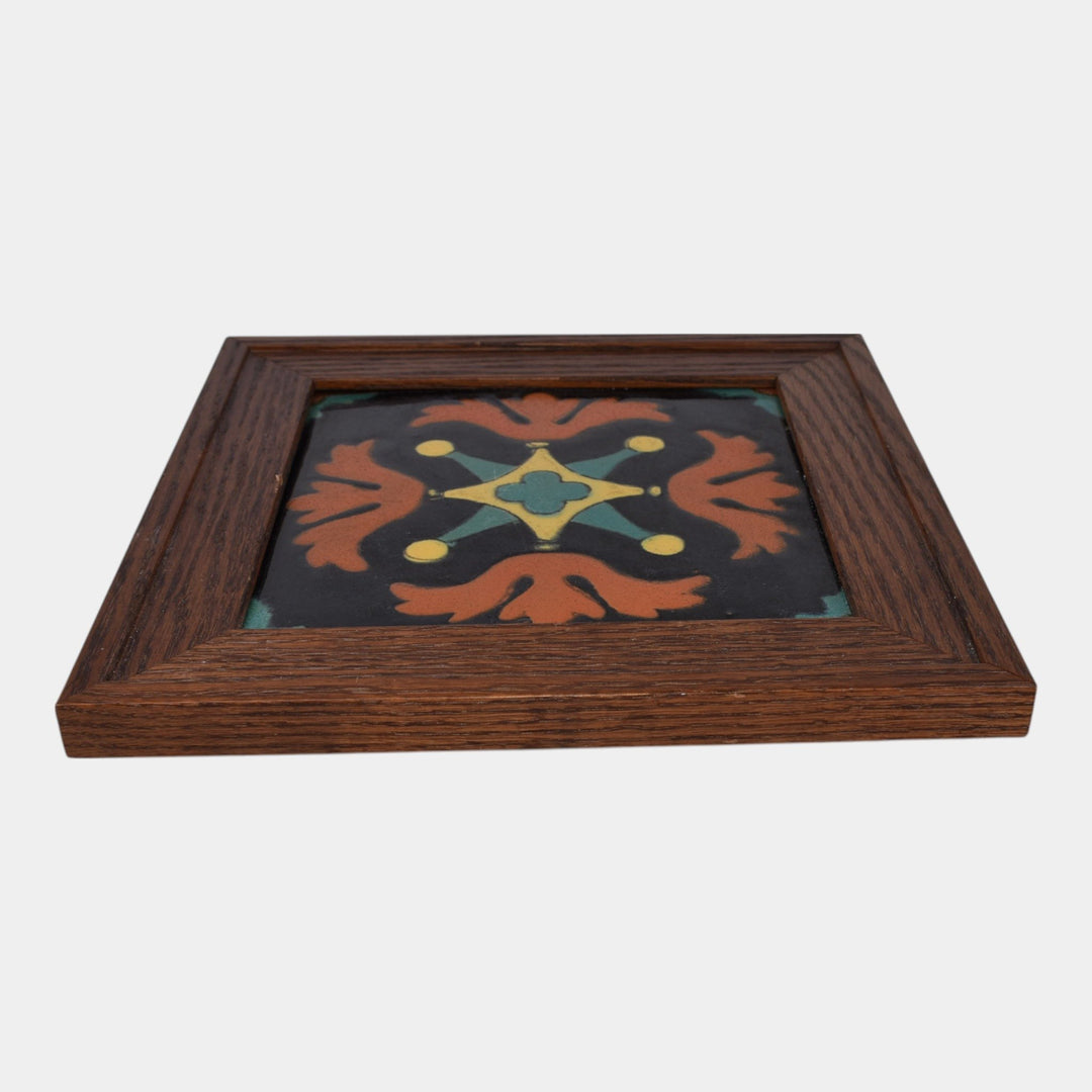 Taylor Tilery California Vintage Art Pottery Black Orange Floral Framed Tile
