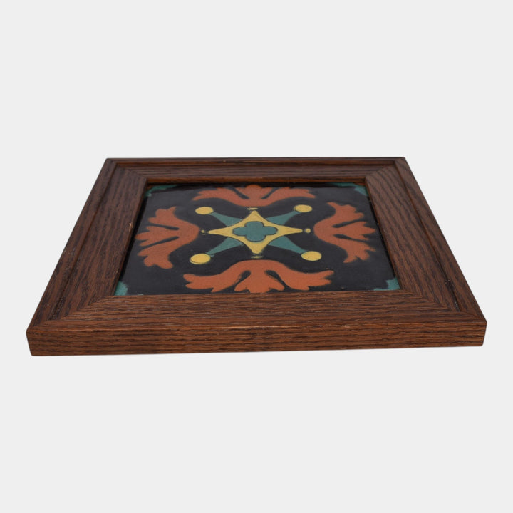 Taylor Tilery California Vintage Art Pottery Black Orange Floral Framed Tile