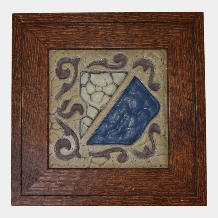 Wheatley Vintage Art Pottery Blue Geometric Arts And Crafts Framed Tile - Just Art Pottery