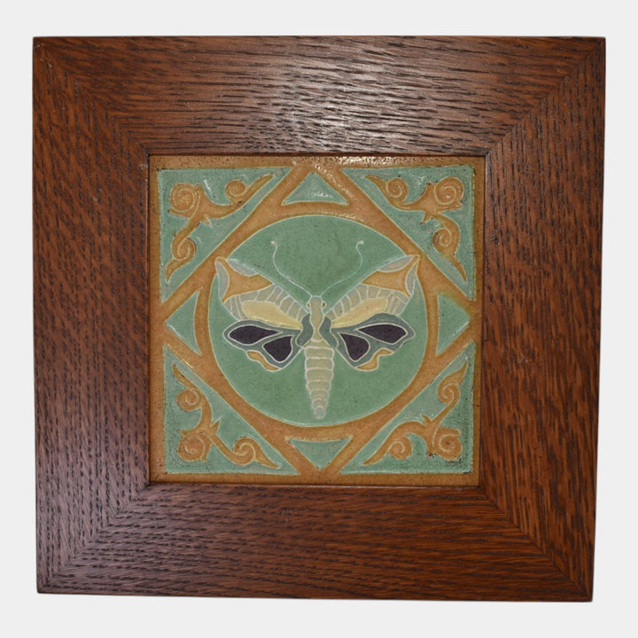 J. B. Owens Vintage Art Pottery Framed Art And Crafts Green Moth Tile - Just Art Pottery