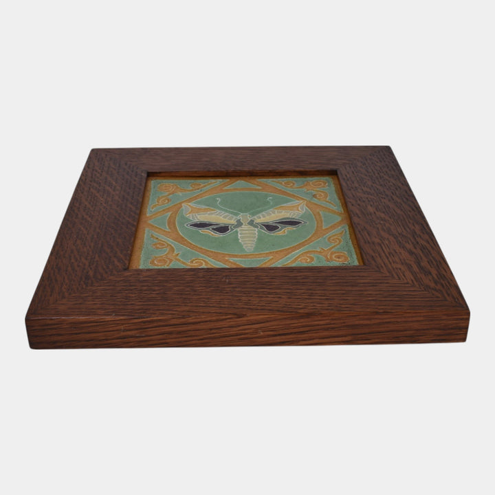 J. B. Owens Vintage Art Pottery Framed Art And Crafts Green Moth Tile - Just Art Pottery
