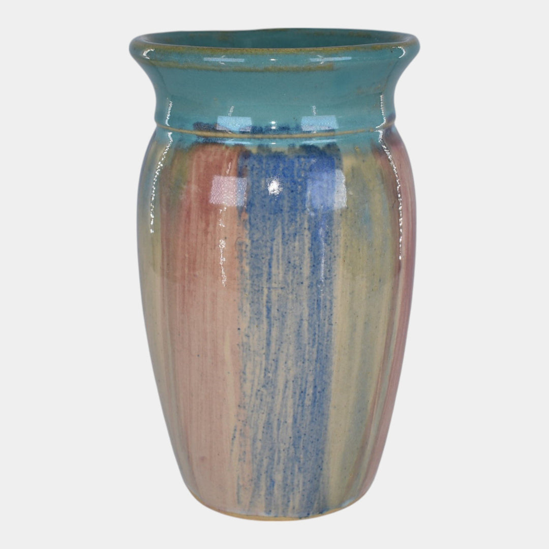 Hull Early Art Vintage Pottery Blue And Red Striped Stoneware Vase 32