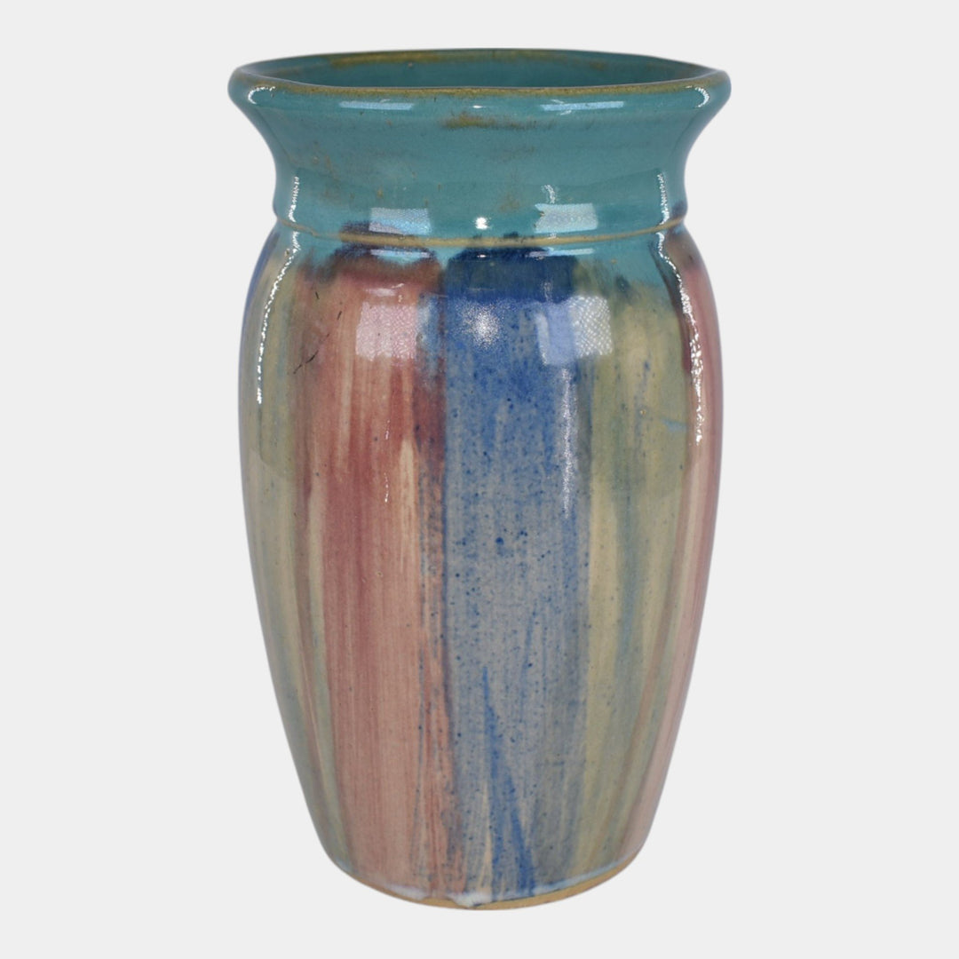 Hull Early Art Vintage Pottery Blue And Red Striped Stoneware Vase 32