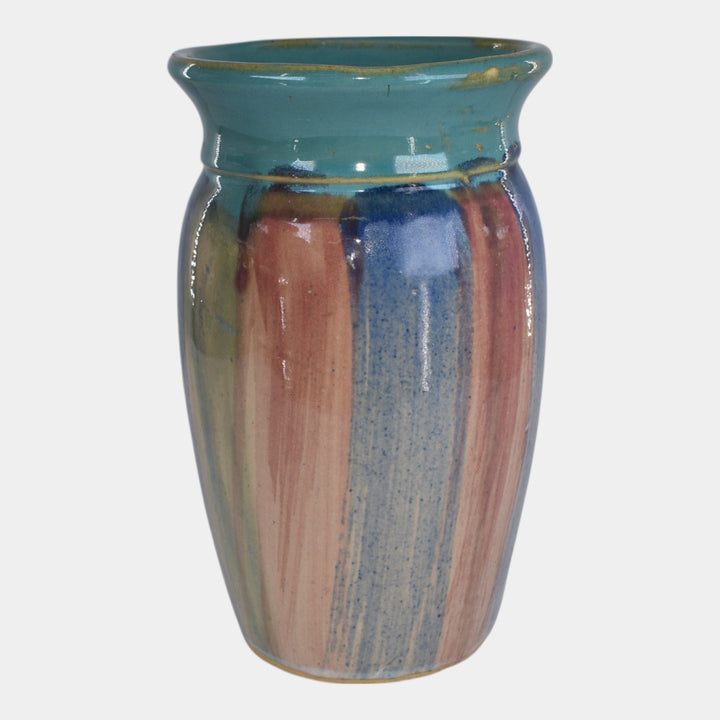 Hull Early Art Vintage Pottery Blue And Red Striped Stoneware Vase 32