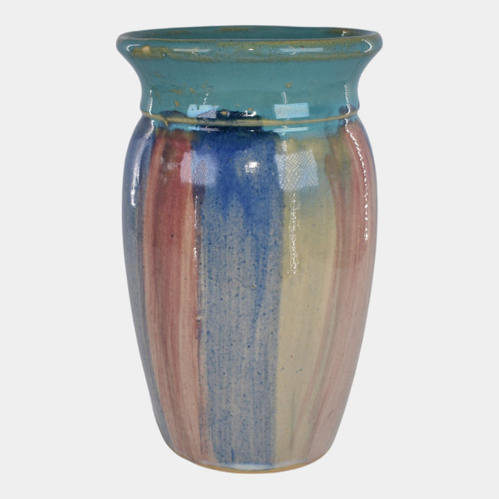 Hull Early Art Vintage Pottery Blue And Red Striped Stoneware Vase 32