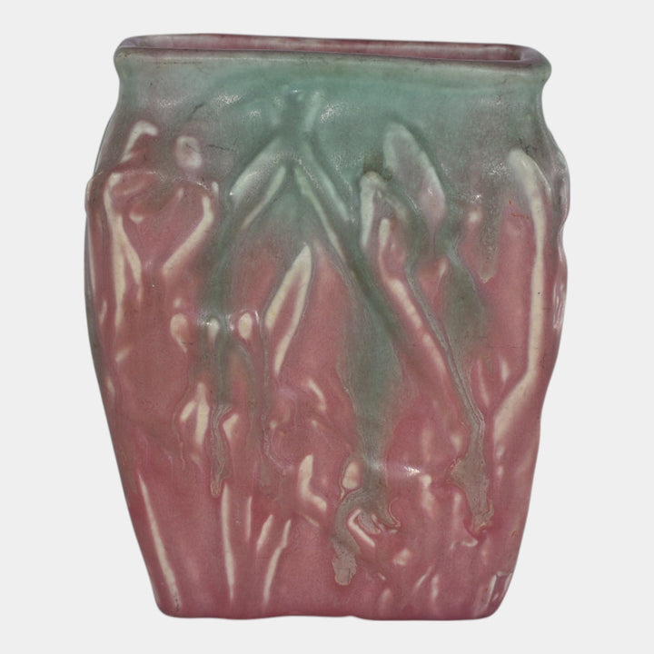 Muncie 1920s Art Deco Pottery Green Over Rose Katydid Pillow Ceramic Vase 194-6