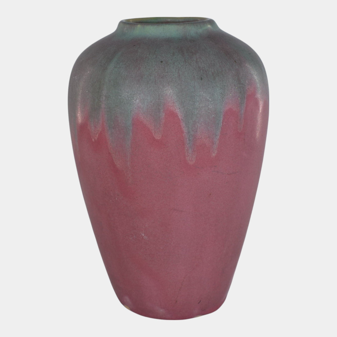 Muncie 1920s Vintage Art Deco Pottery Green Over Rose Broad Shouldered Vase