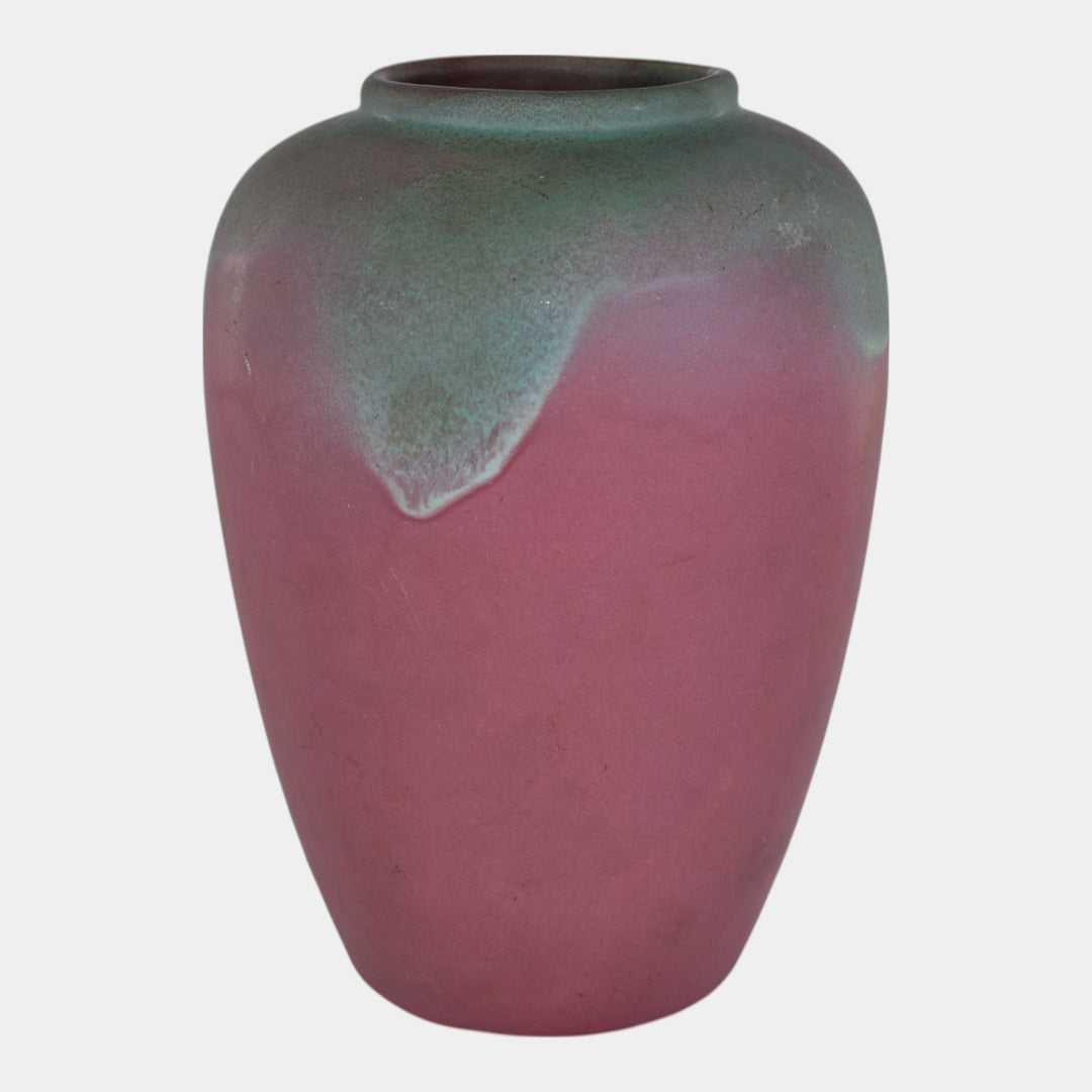 Muncie 1920s Vintage Art Deco Pottery Green Over Rose Ceramic Vase 102-9