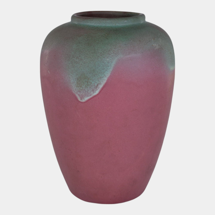 Muncie 1920s Vintage Art Deco Pottery Green Over Rose Ceramic Vase 102-9