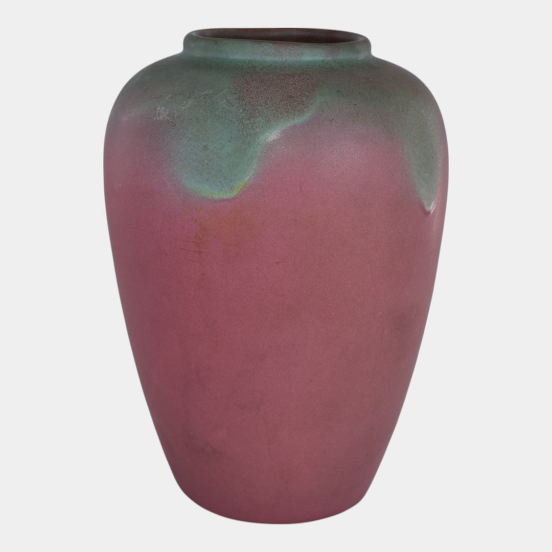 Muncie 1920s Vintage Art Deco Pottery Green Over Rose Ceramic Vase 102-9