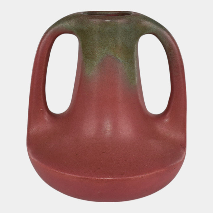 Muncie 1920s Vintage Arts And Crafts Pottery Matte Green Pink Handled Vase 143
