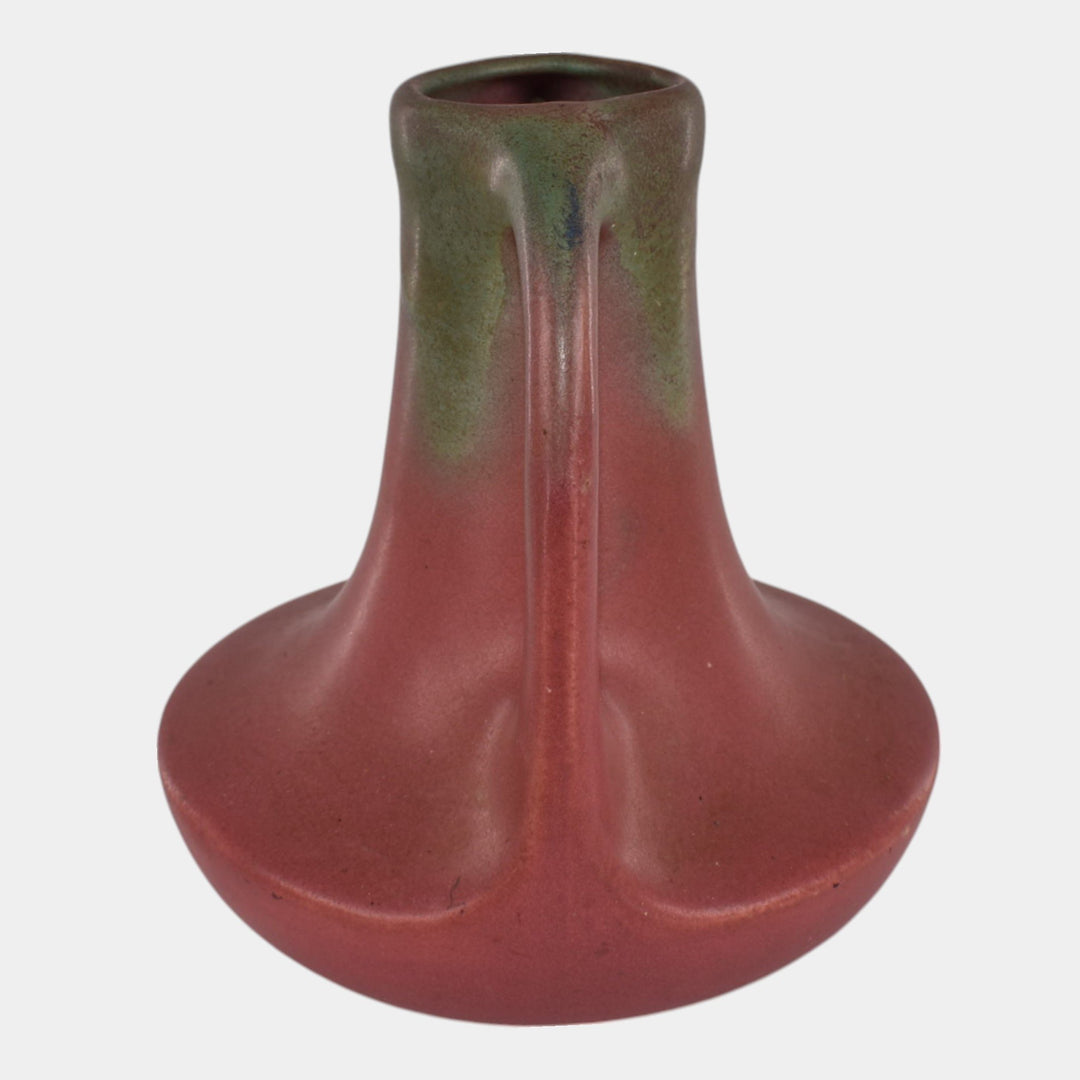 Muncie 1920s Vintage Arts And Crafts Pottery Matte Green Pink Handled Vase 143