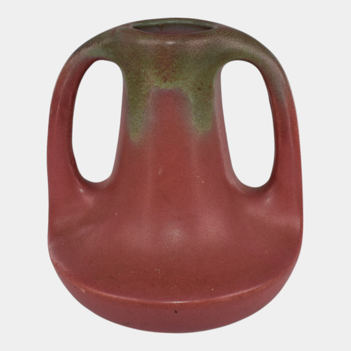 Muncie 1920s Vintage Arts And Crafts Pottery Matte Green Pink Handled Vase 143