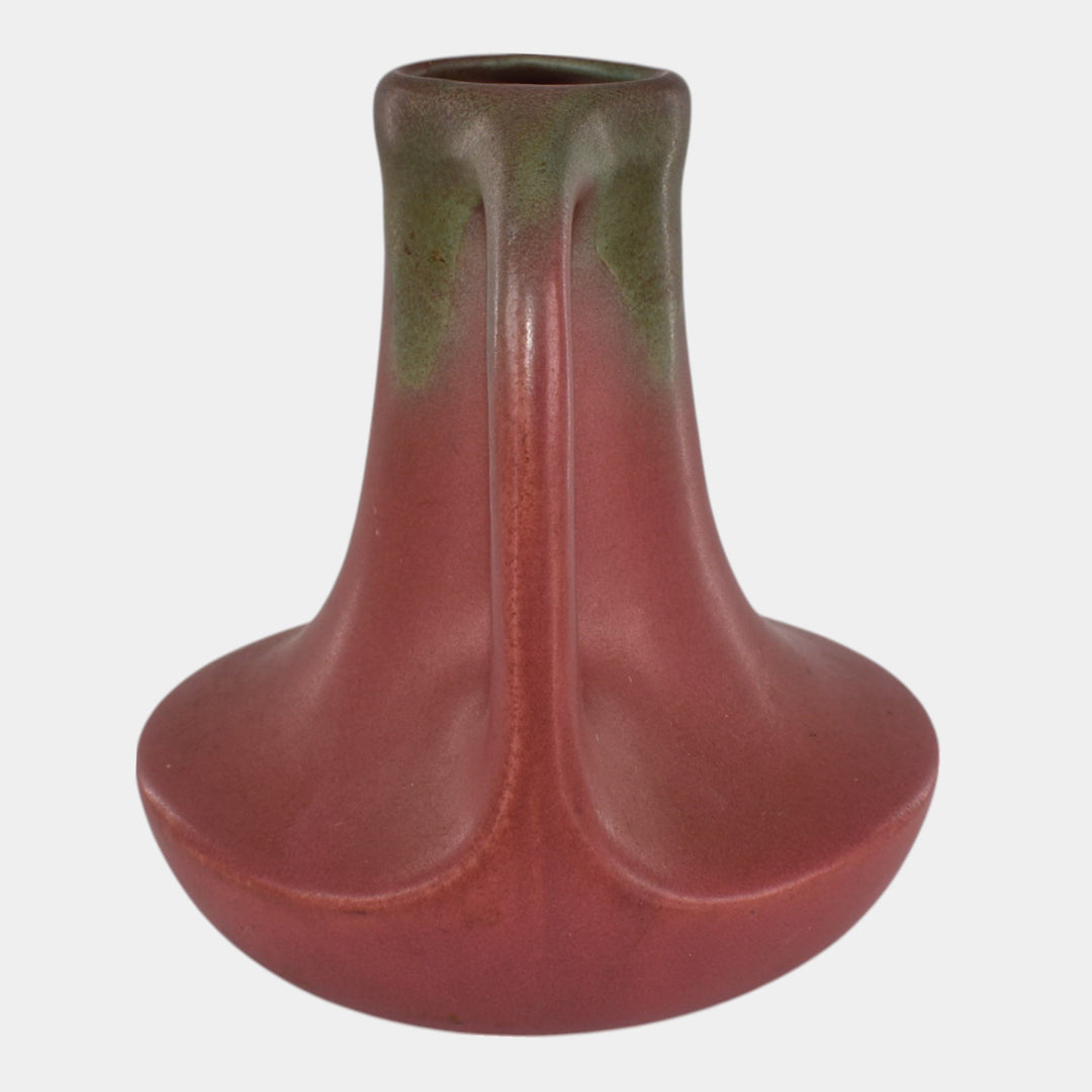 Muncie 1920s Vintage Arts And Crafts Pottery Matte Green Pink Handled Vase 143