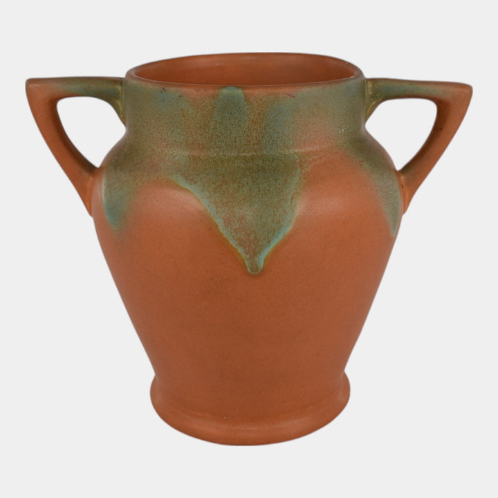 Muncie 1920s Vintage Art Pottery Green Drip Over Orange Art Deco Handled Vase