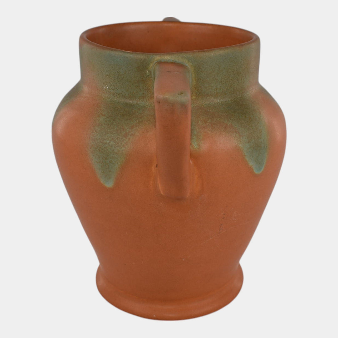 Muncie 1920s Vintage Art Pottery Green Drip Over Orange Art Deco Handled Vase