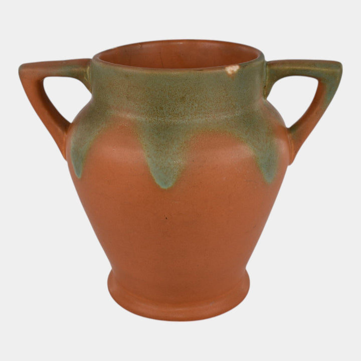 Muncie 1920s Vintage Art Pottery Green Drip Over Orange Art Deco Handled Vase