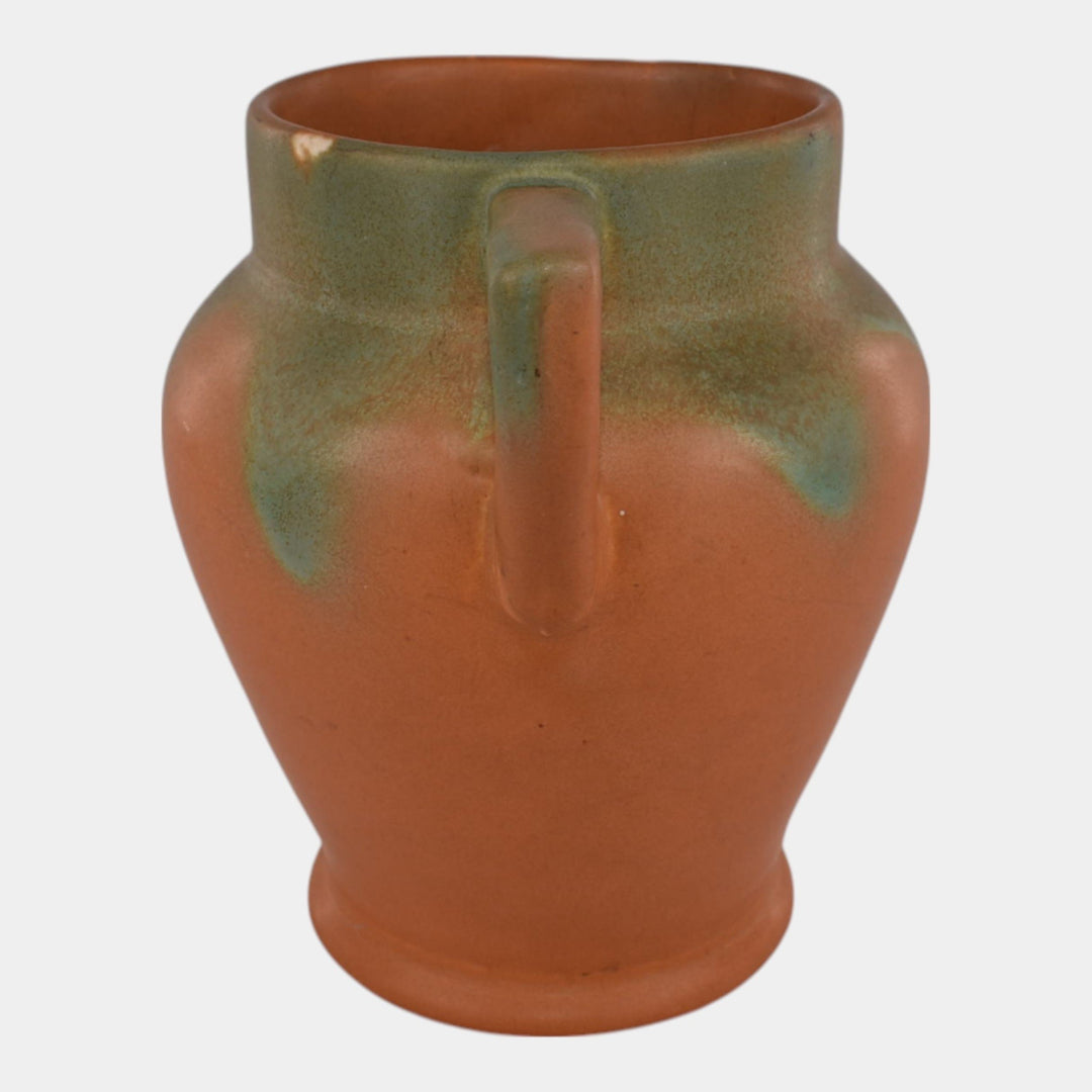 Muncie 1920s Vintage Art Pottery Green Drip Over Orange Art Deco Handled Vase