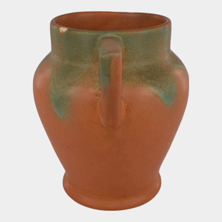 Muncie 1920s Vintage Art Pottery Green Drip Over Orange Art Deco Handled Vase