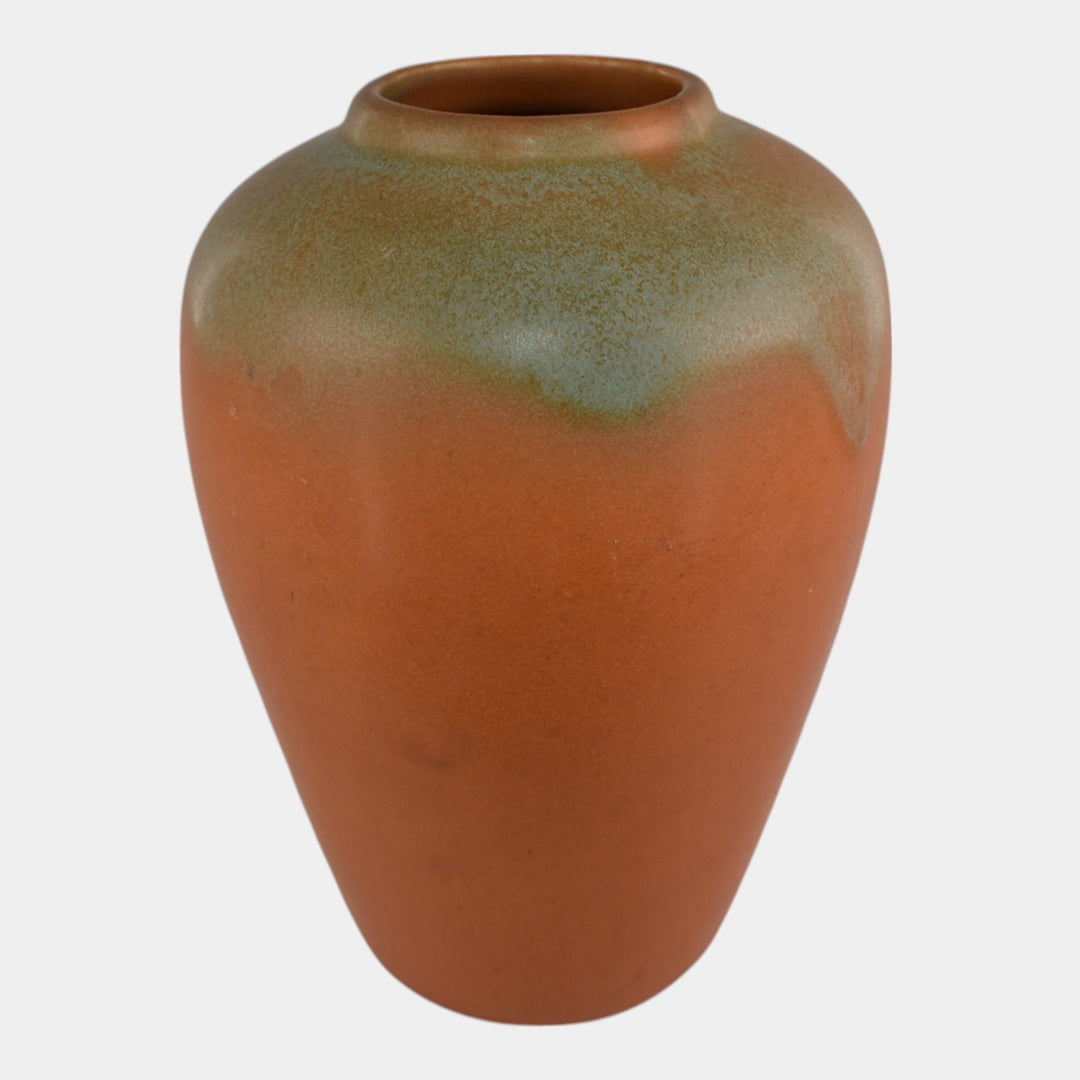 Muncie 1920s Vintage Art Deco Pottery Matte Green Orange Vase 102-7