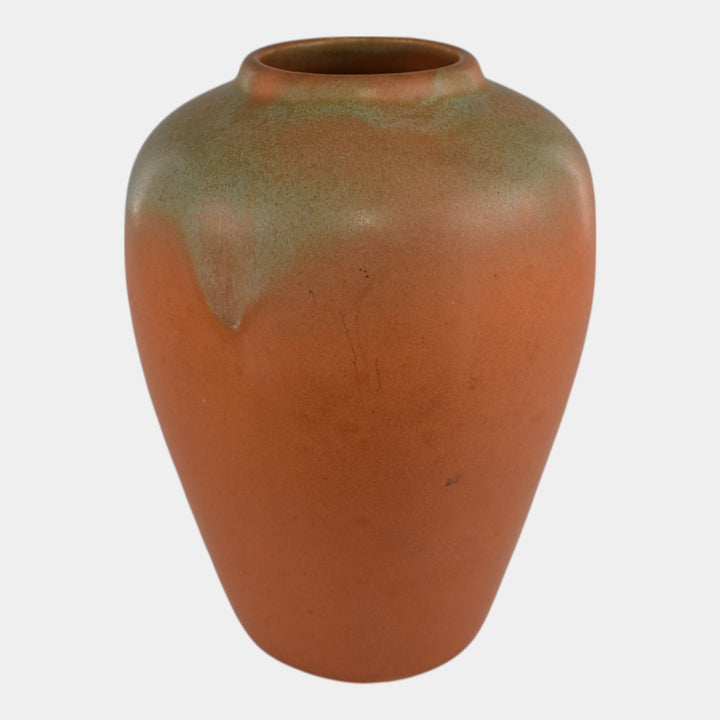 Muncie 1920s Vintage Art Deco Pottery Matte Green Orange Vase 102-7