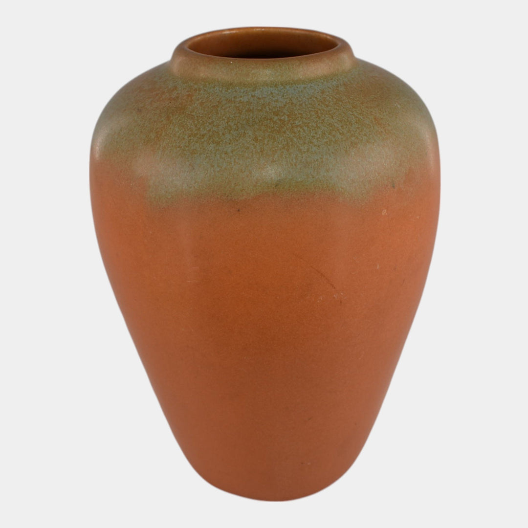 Muncie 1920s Vintage Art Deco Pottery Matte Green Orange Vase 102-7