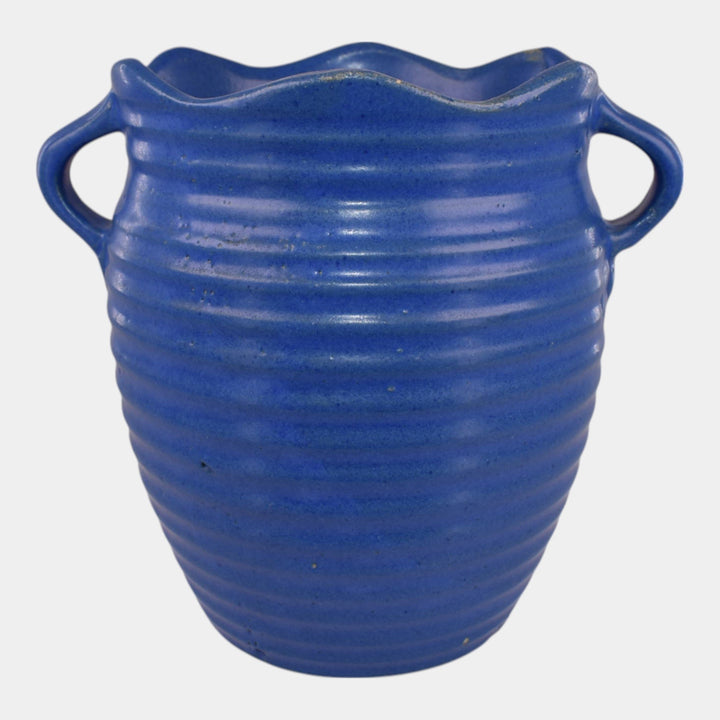 Burley Winter 1930s Vintage Art Pottery Solid Blue Art Deco Vase 3F