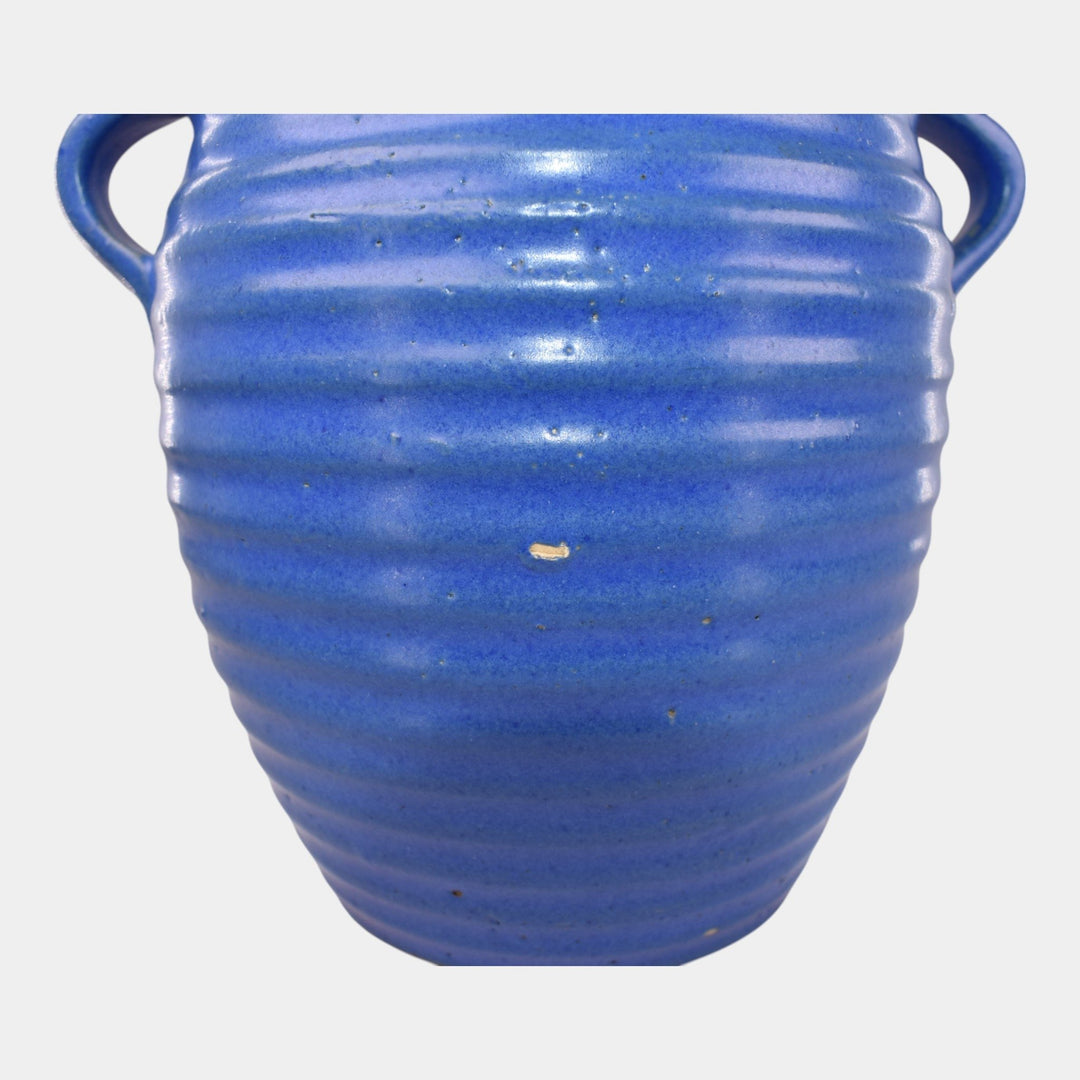 Burley Winter 1930s Vintage Art Pottery Solid Blue Art Deco Vase 3F