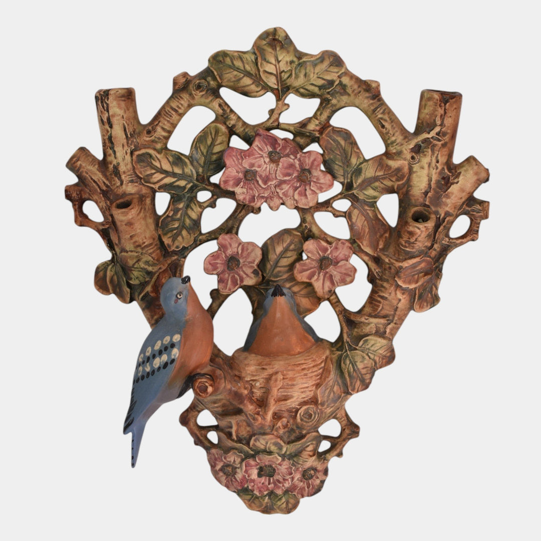 Weller Woodcraft 1920s Pottery Nesting Blue Birds And Red Flower Wall Hanging - Just Art Pottery